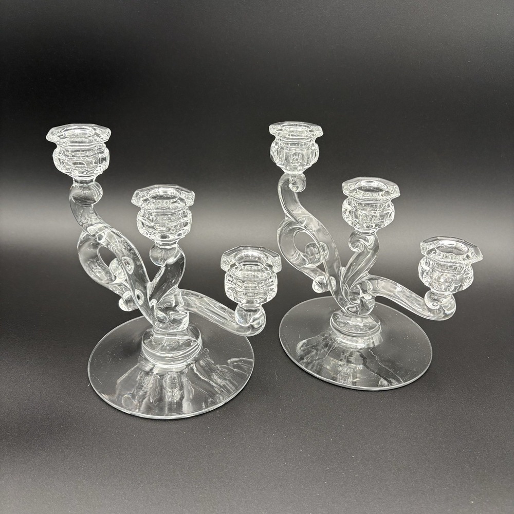 VNTG Heisey‎ Pair Of  Clear Glass 3 light candlesticks Candelabra